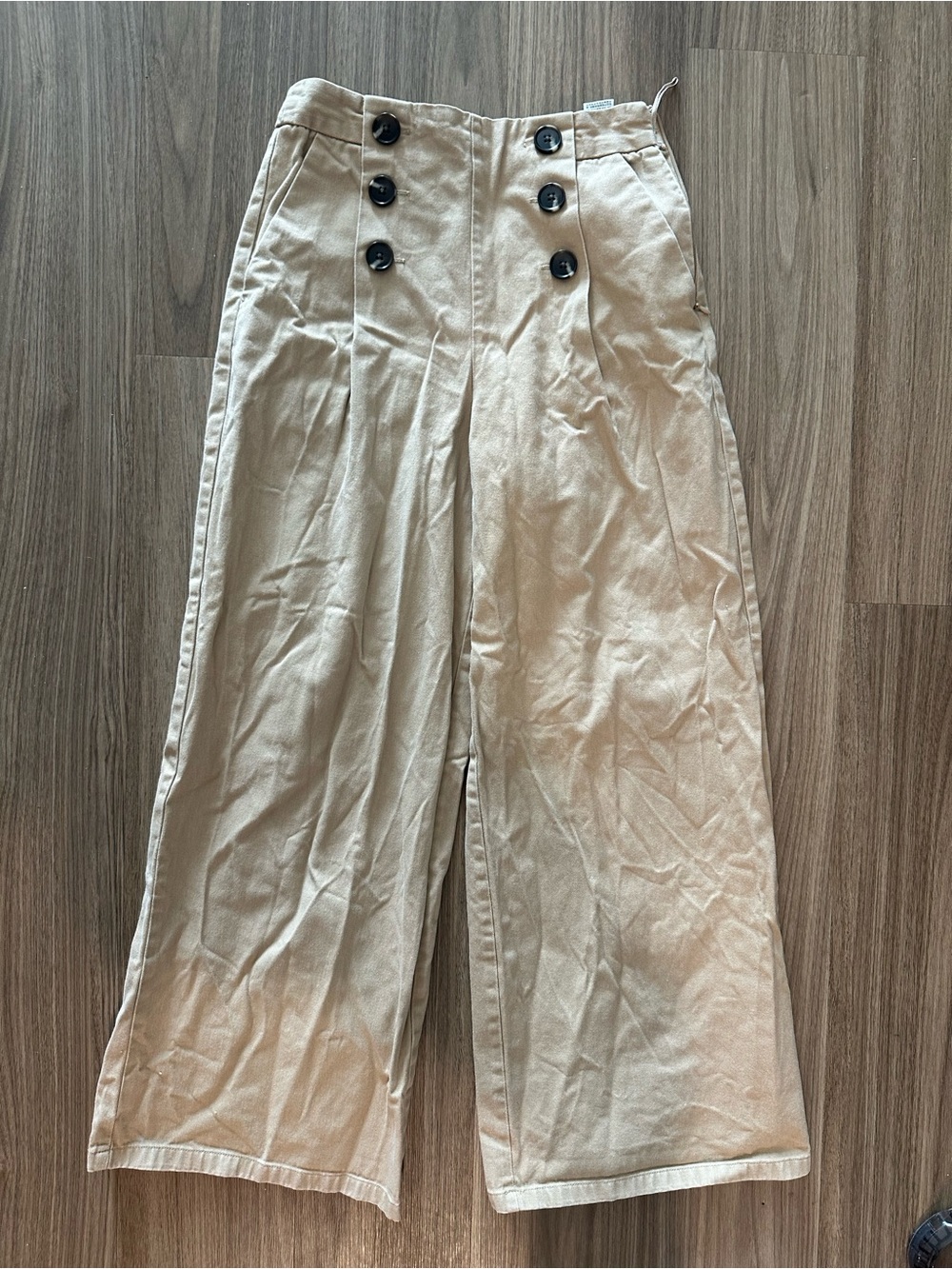 GU High-Waist Wide Leg Button-Front Pants in Beige